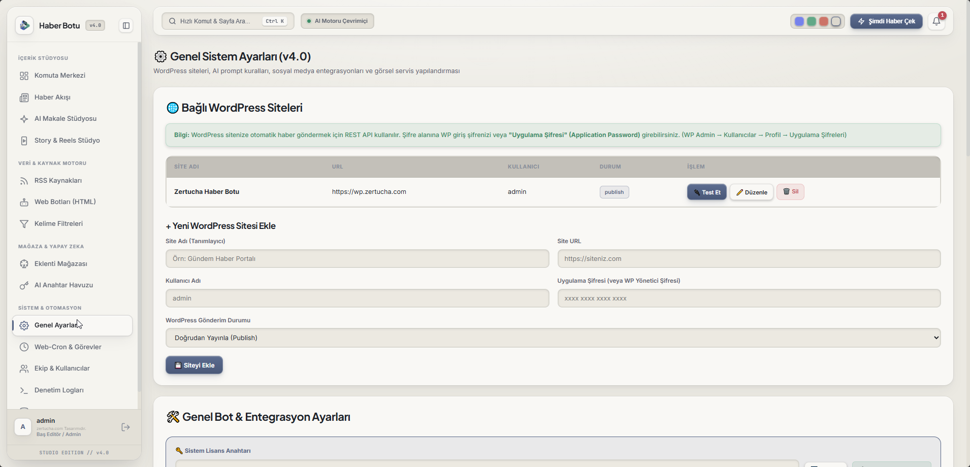 Genel Sistem Ayarları ve Bağlı WordPress Siteleri v4.0