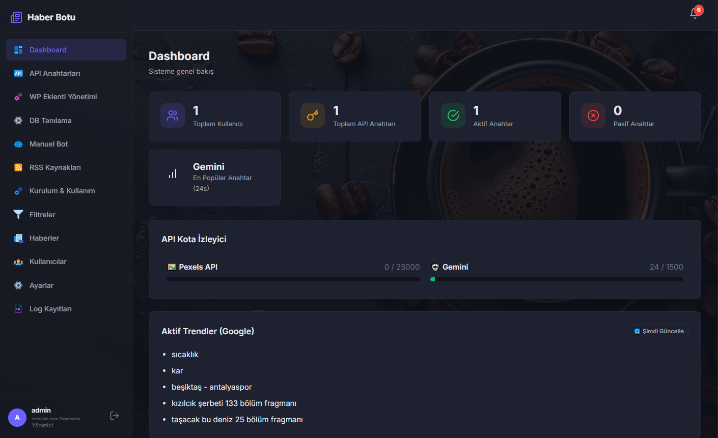 Zertucha AI Haber Botu Dashboard Ekranı